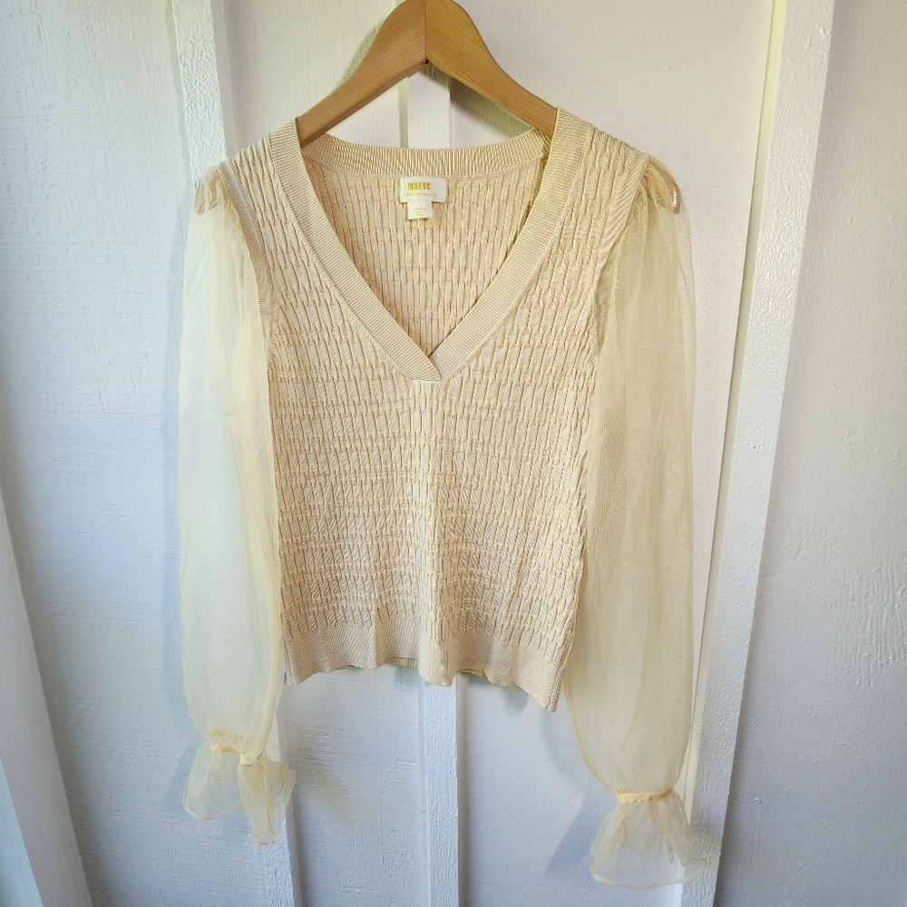 Maeve Anthropologie Sheer Sleeve Knit Top Cream Neutral Size Small